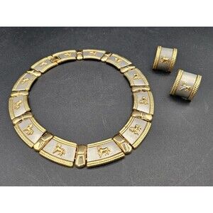Greco Roman Revival Horse Necklace Two Tone Silver Gold Clip On Earrings READ